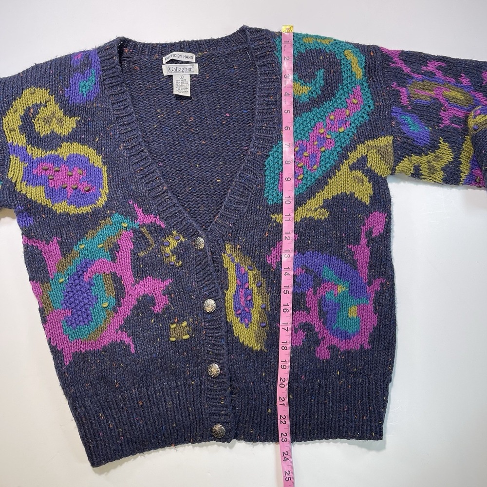 Gallagher Vintage Hand Knit Sweater Cardigan Navy Pink Turquoise Women's Large - Picture 11 of 14